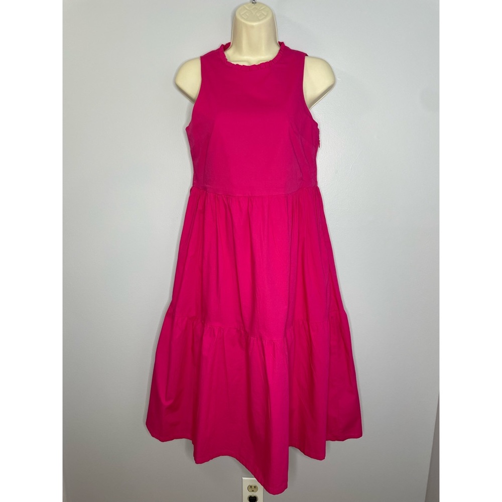 J.Crew Factory  Pink Midi Sleeveless Ruffled Neckline Tiered Pink Dress - Picture 2 of 12